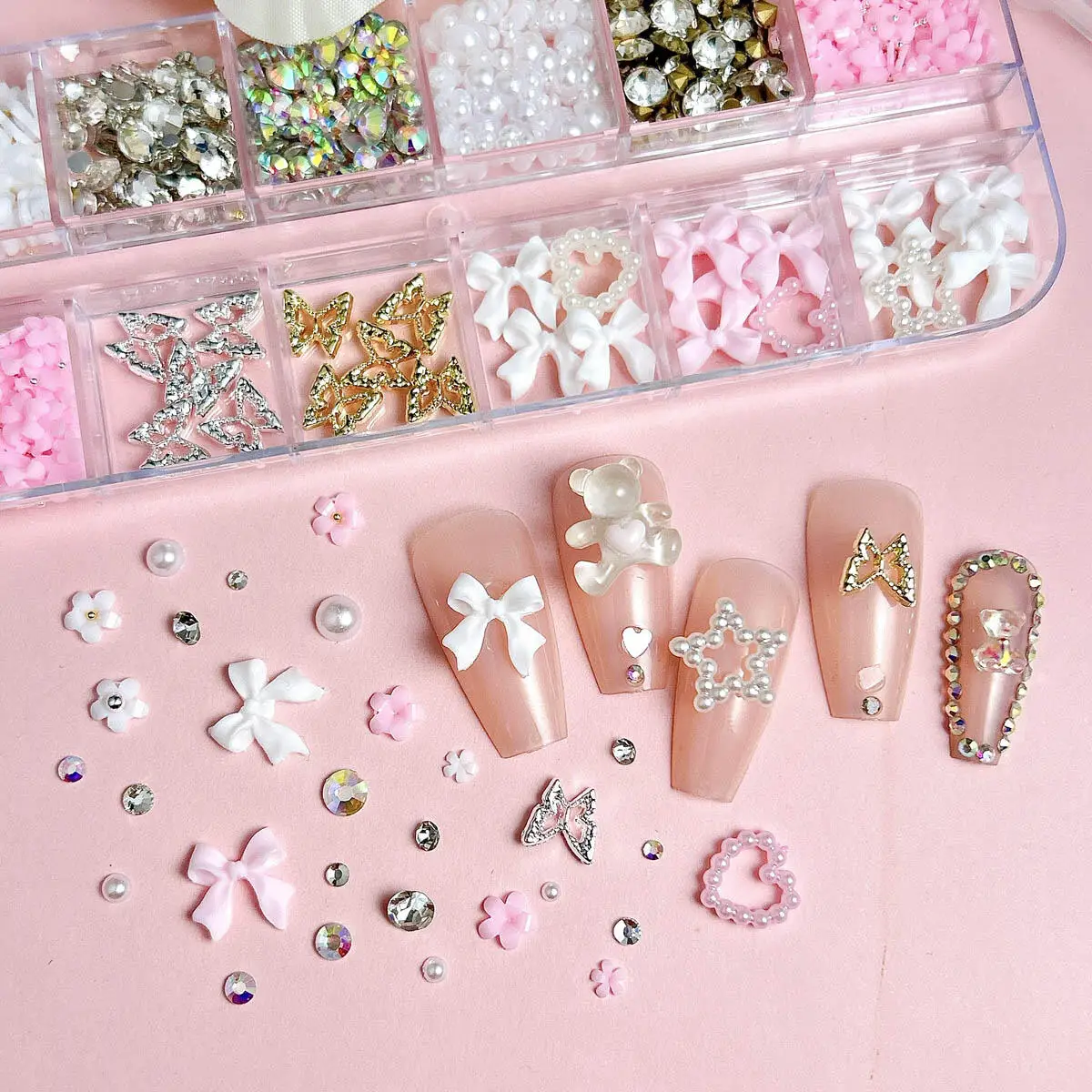 12 rejillas/caja de resina, lazo blanco y rosa, abalorios para uñas de flores, tamaños mixtos, diamantes de imitación, perlas, decoración artística de uñas, accesorios de manicura DIY