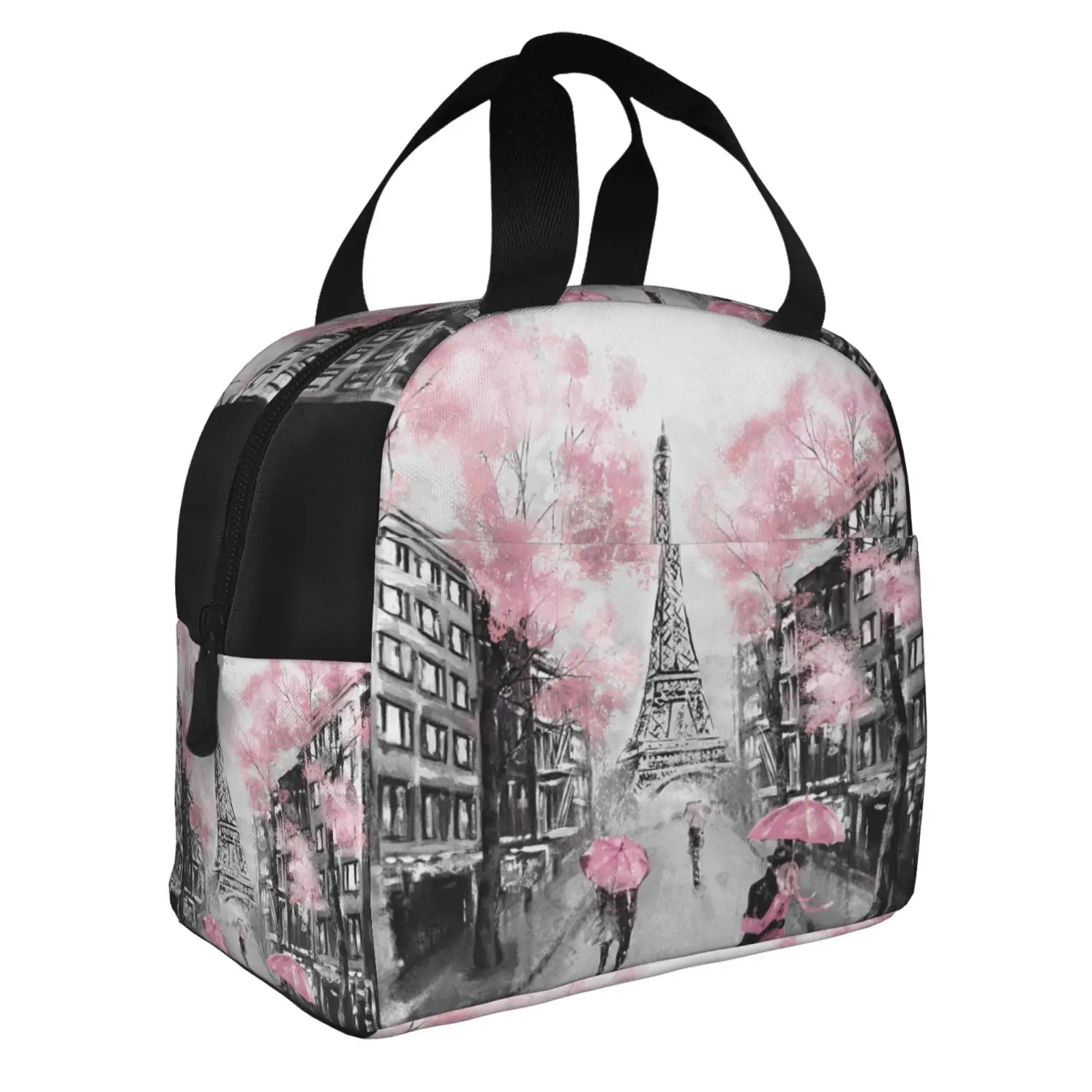 Pink Cherry Blossom Paris Eiffel Print Lunch Tote Bag Insulated Leakproof Lunch Box Container with Front Pocket for Girls Boys