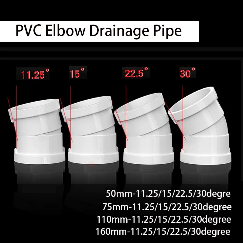 1~10pcs  PVC Slight Deflection Elbow Offset Small Angle Drainage Pipe Joint Fittings ID 50/75/110/160mm x 11.25/15/22.5/30Degree