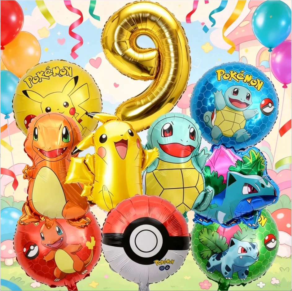 

10pcs Standing Pokemon Balloon Set Pikachu Poke Ball Balloons Gold Number 1-9 for Children 1-9th Birthday Party Decor Supplies