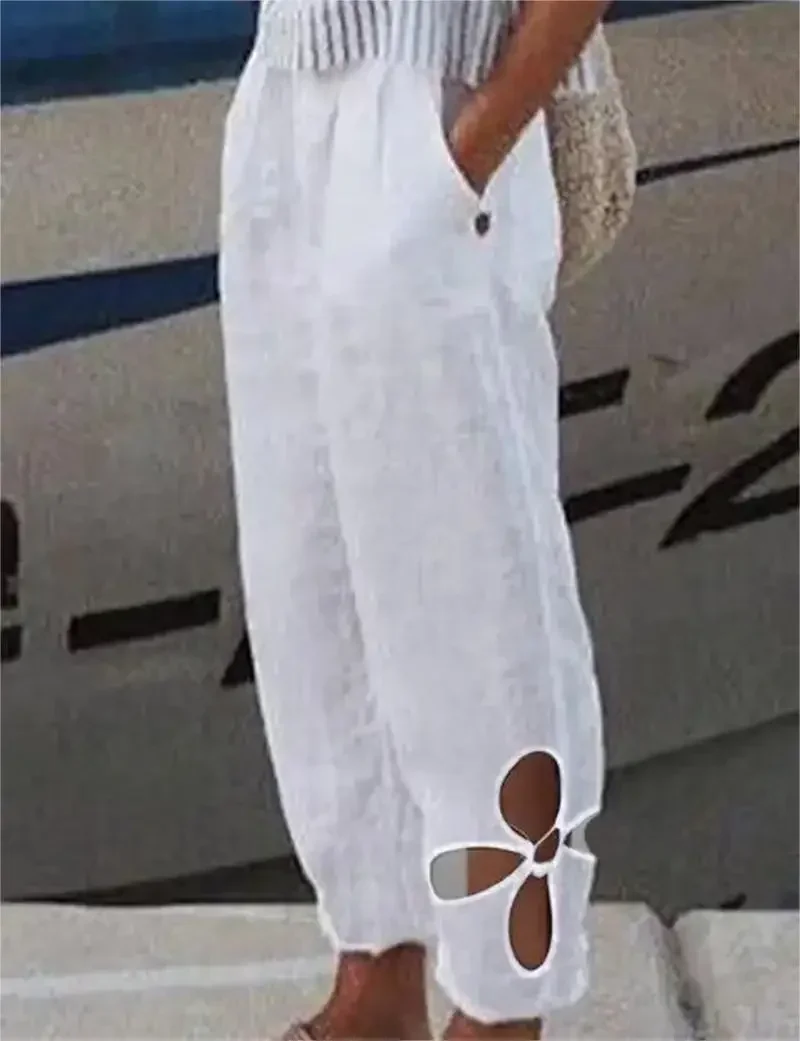 

2025 Spring Oversize Cotton Linen Women Pants Long White Hollow Out Pockets Loose Pants Female New Casual Trendy Ladies Clothes