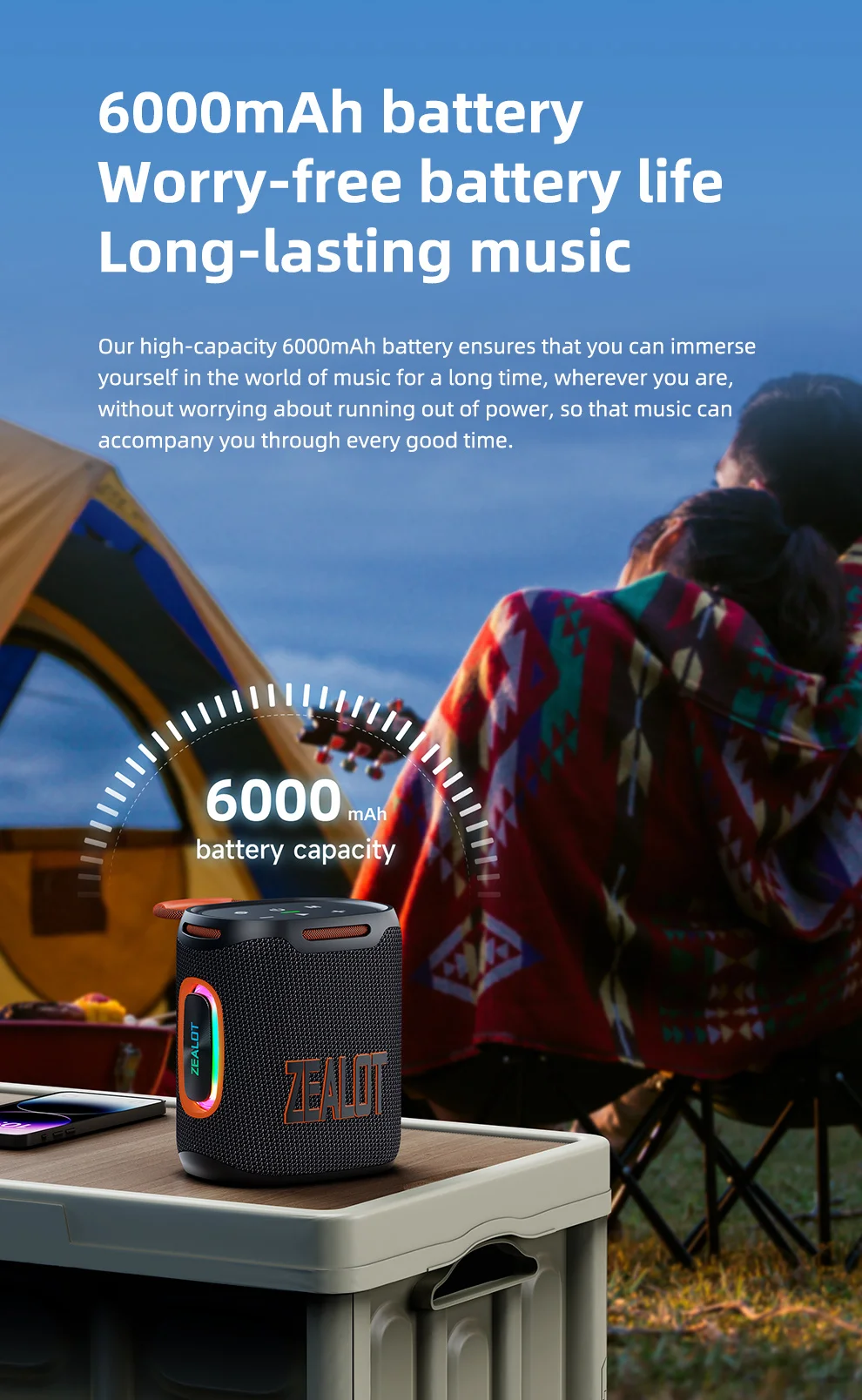 Zealot-S122 Original Tragbarer Bluetooth-Lautsprecher mit Ausgewogenem Subwoofer-Sound, BT5.3 Outdoor-Lautsprecher mit LED-Licht, TF-Slot und USB – Detail 3