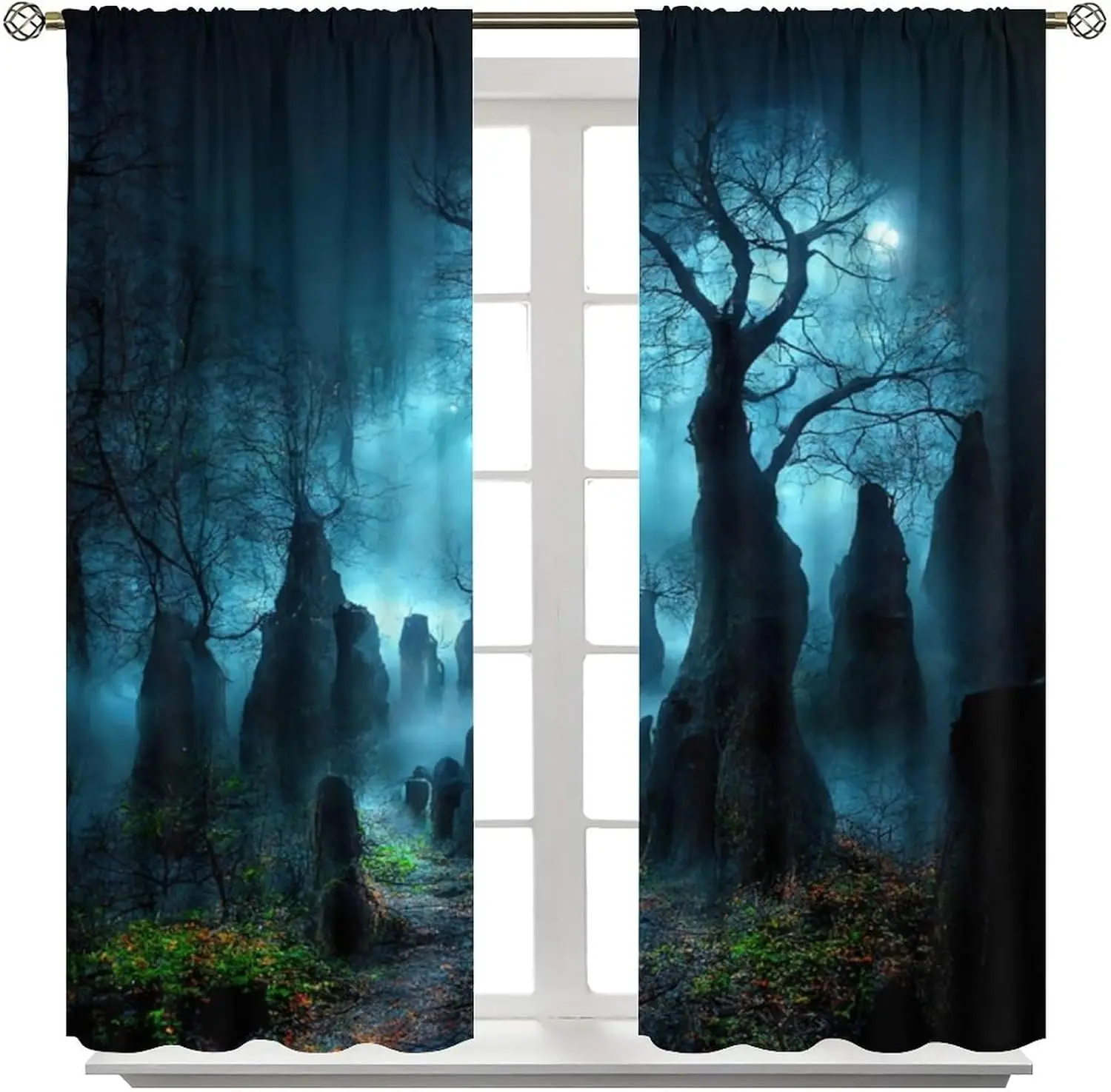 Gothic Spooky Curtains with Misty Foggy Mysterious Scenes; Haunted Creepy Landscape Fantasy Window Drapes for Bedroom & Living R