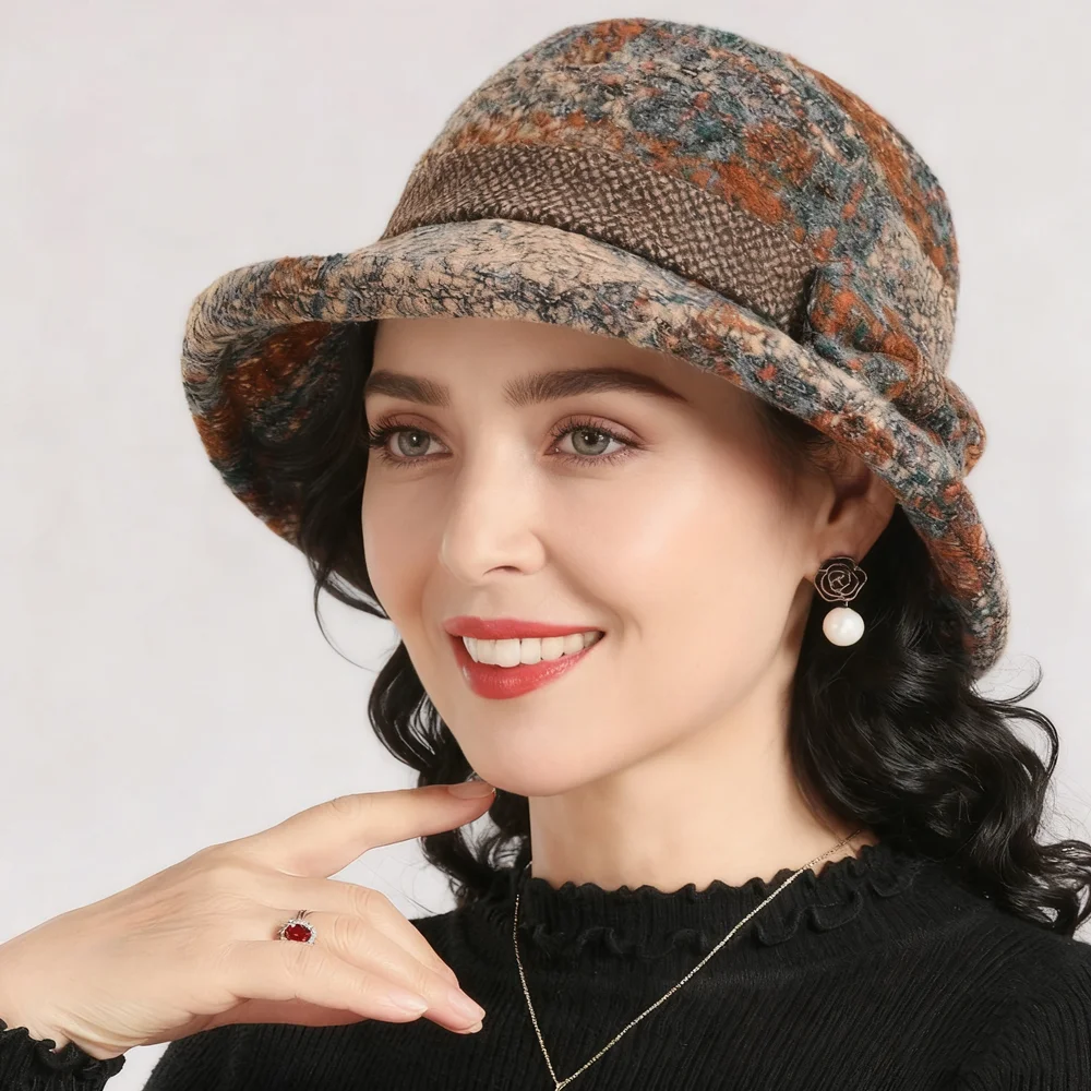 Damen Herbst- und Winter-Schleifenhut, Verdickter Warmer Wollener Casual-Fischerhut