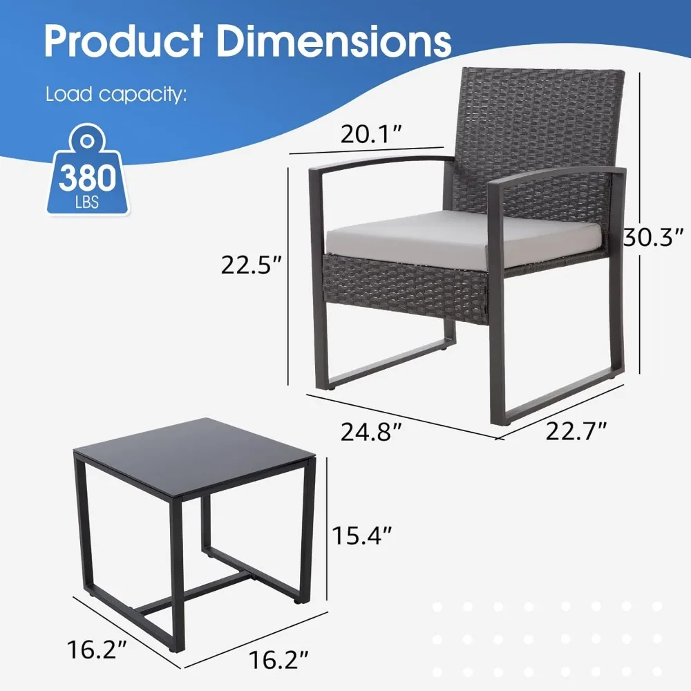 Juego de recepción de bar de sauce para exteriores, juego de muebles de patio de 3 piezas, equipado con cojines suaves y mesa de cristal