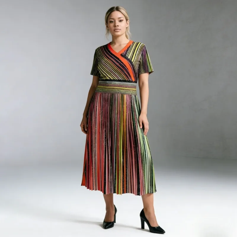 

Плиссированное платье Miyake с оригинальным полосатым принтом, коллекция 2025, большие размеры, летнее, модное, элегантное, новое, с коротким рукавом, женское, складное