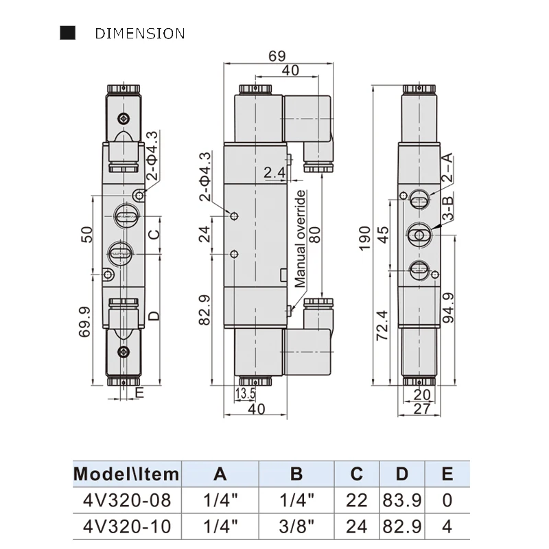 4V320-10 5 Way 2 Position Double headed Double control  Power down hold Pneumatic directional Solenoid valve