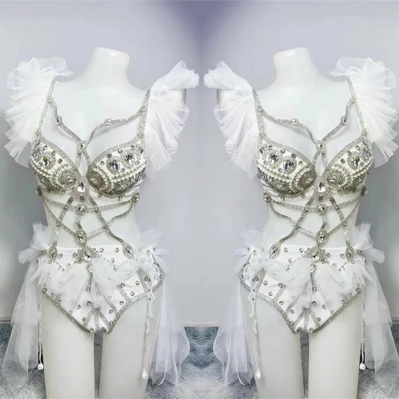 

Nightclub Pole Dance Costume Shiny Rhinestones Black White Mesh Bikini Bodysuit Sexy DJ Stage Wear Bar Party Performance Clothes