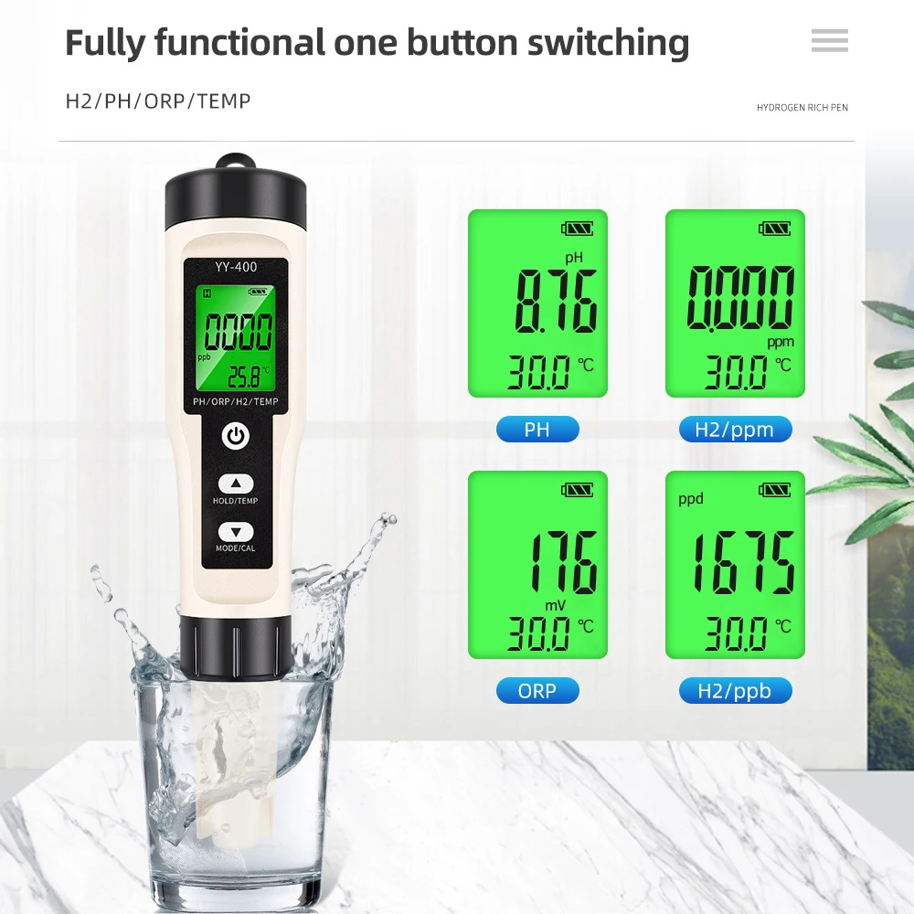 Professional ORP/H2/ Temperature/PH Meter 4 in 1 Digital Water Quality Monitor Tester for Pools, Drinking Water, Aquariums