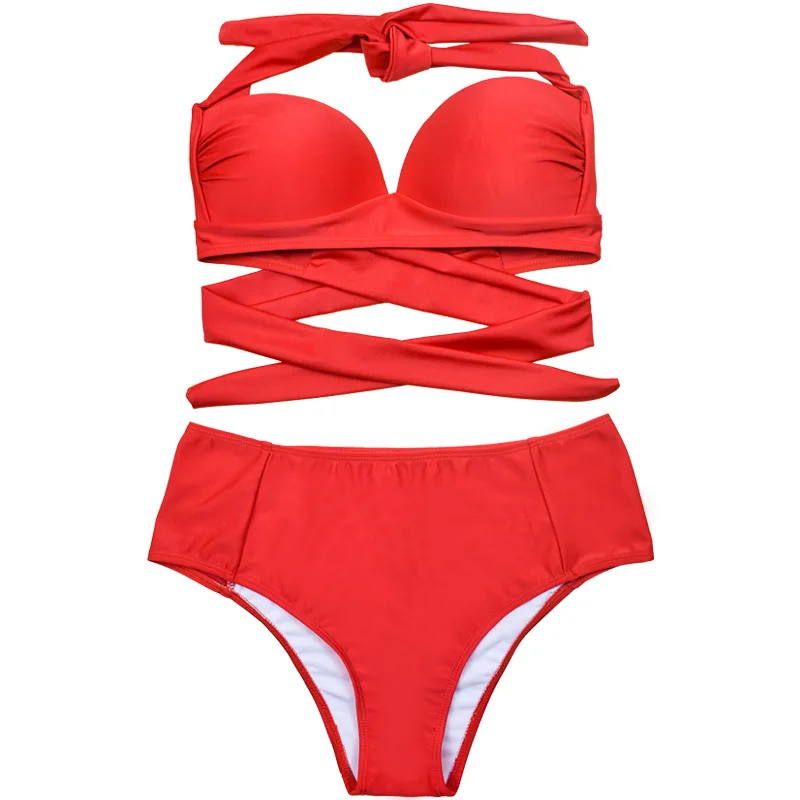 Ladies separate solid color gather bikini hard cup swimsuit two-piece set of bikini swimsuit