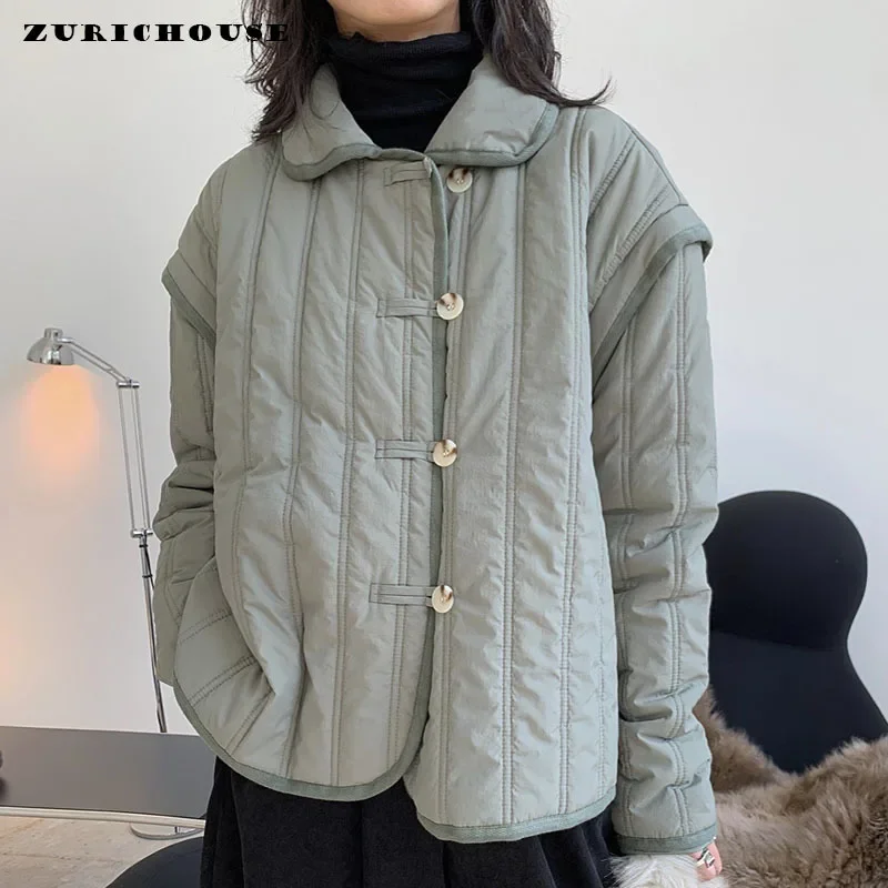 Autumn Winter Women's Jacket Chic Buttons Detachable Sleeves Warm Cotton-padded Coats Female Japan Style Parkas Outerwear