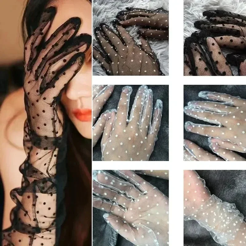 1-3 Pair Sexy Lace Gloves For Women Fashion Polka Dot Tulle Full Finger Gloves Tulle Wedding Stretchy Sheers Flexible Gloves