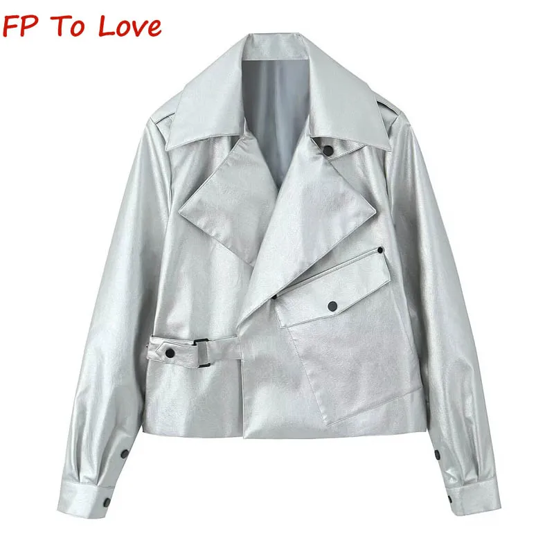 Y2K 2023 Autumn Winter Street Hipster Long Sleeve Lapel Silver Leather Jacket Loose Gold PU Personalised Jacket Women