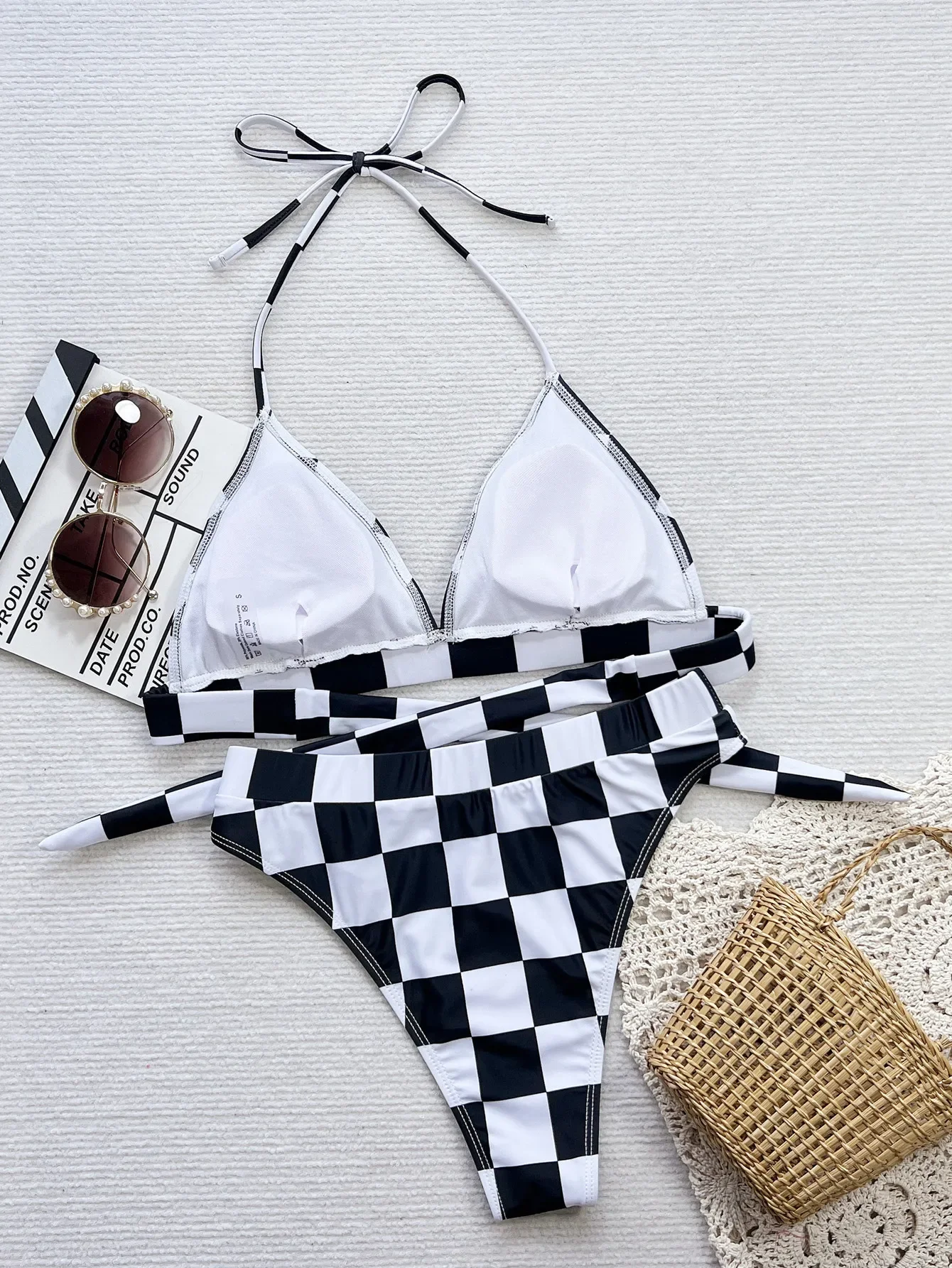 New Sexy Triangle Push Up Bikini Swimwear Women Black White Plaid pattern Swimsuit String Bathing Suit Beach Wear Bather Biquini