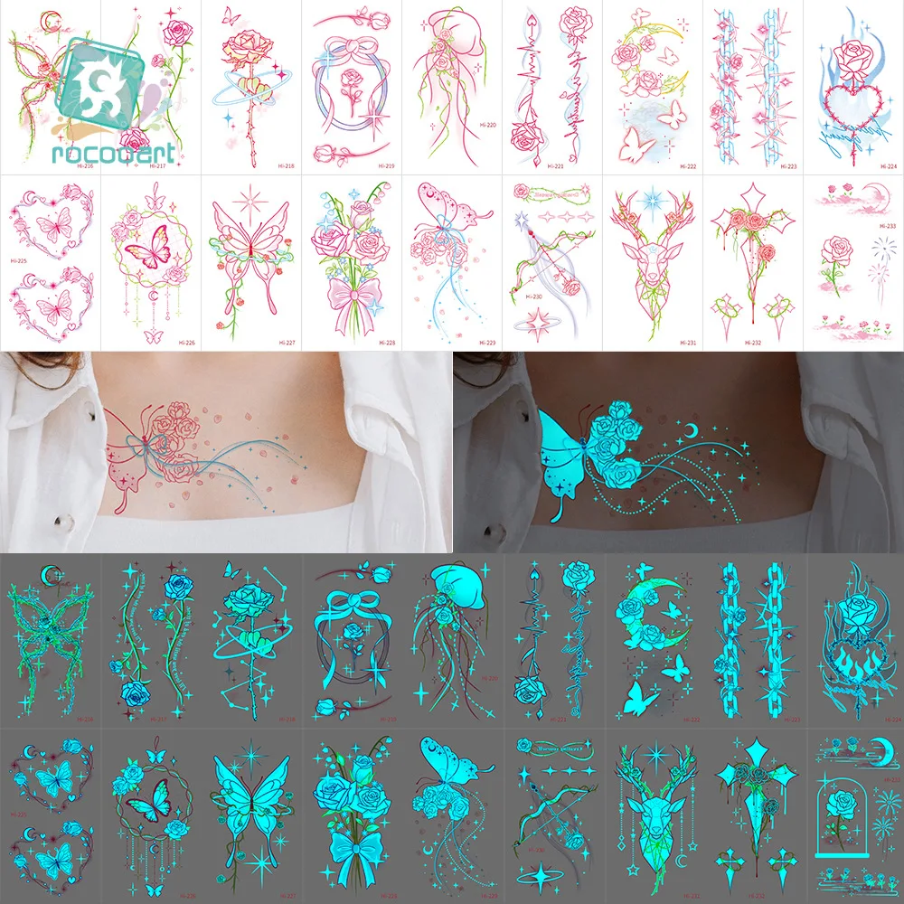 8 Sheets Glow-in-the-Dark Rose Temporary Tattoo Stickers, Disposable Paper Fake Tattoos Ideal for Nightclub, Music Festival