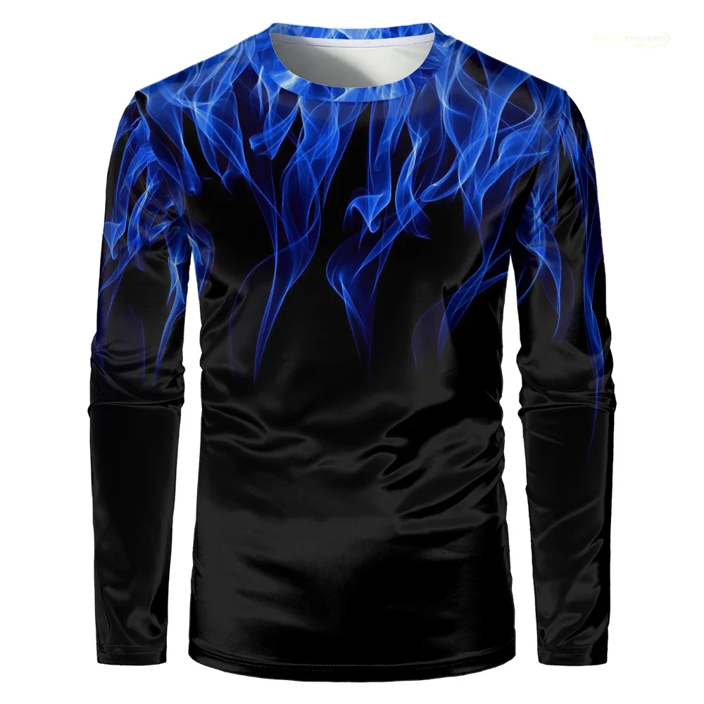 Flame 3D Printed Fashion Men T-shirt Personality Funny Round Neck Long Sleeve T Shirts Retro Street Loose Trend Pullover Tees