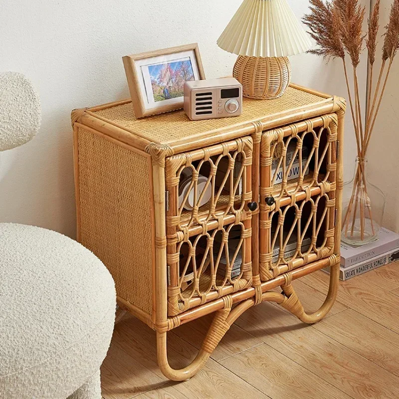 Minimalist Japanese Bedside Table Double Storage Natural Rattan Coffee Table Home Stay Decoration Bedroom Living Room Furniture