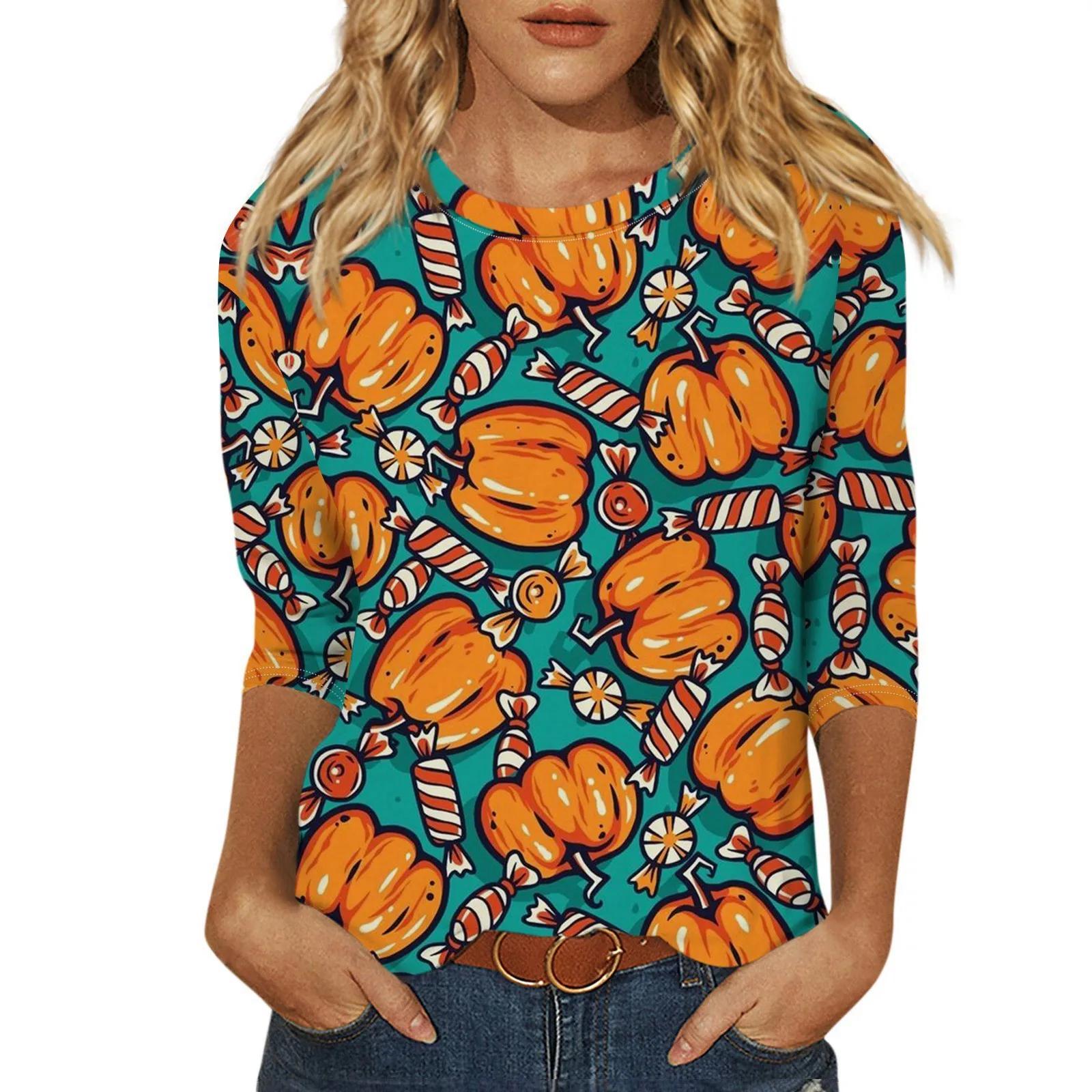 Moda damska Casual Round Neck 3/4 Sleeve Loose Halloween Printed T-Shirt Ladies Tops for Women Womens Tops and Blouses