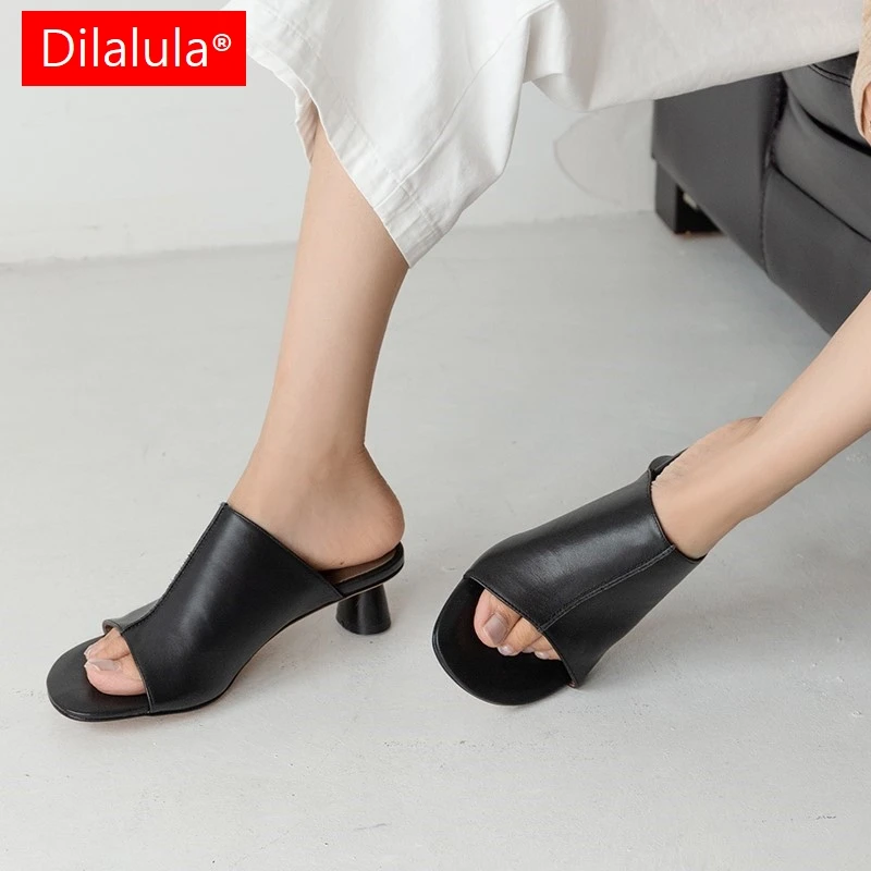 

Dilalula 2025 элегантные сабо из натуральной кожи, женские шлепанцы с открытым носком на среднем каблуке, офисная женская обувь, женские повседневные летние тапочки
