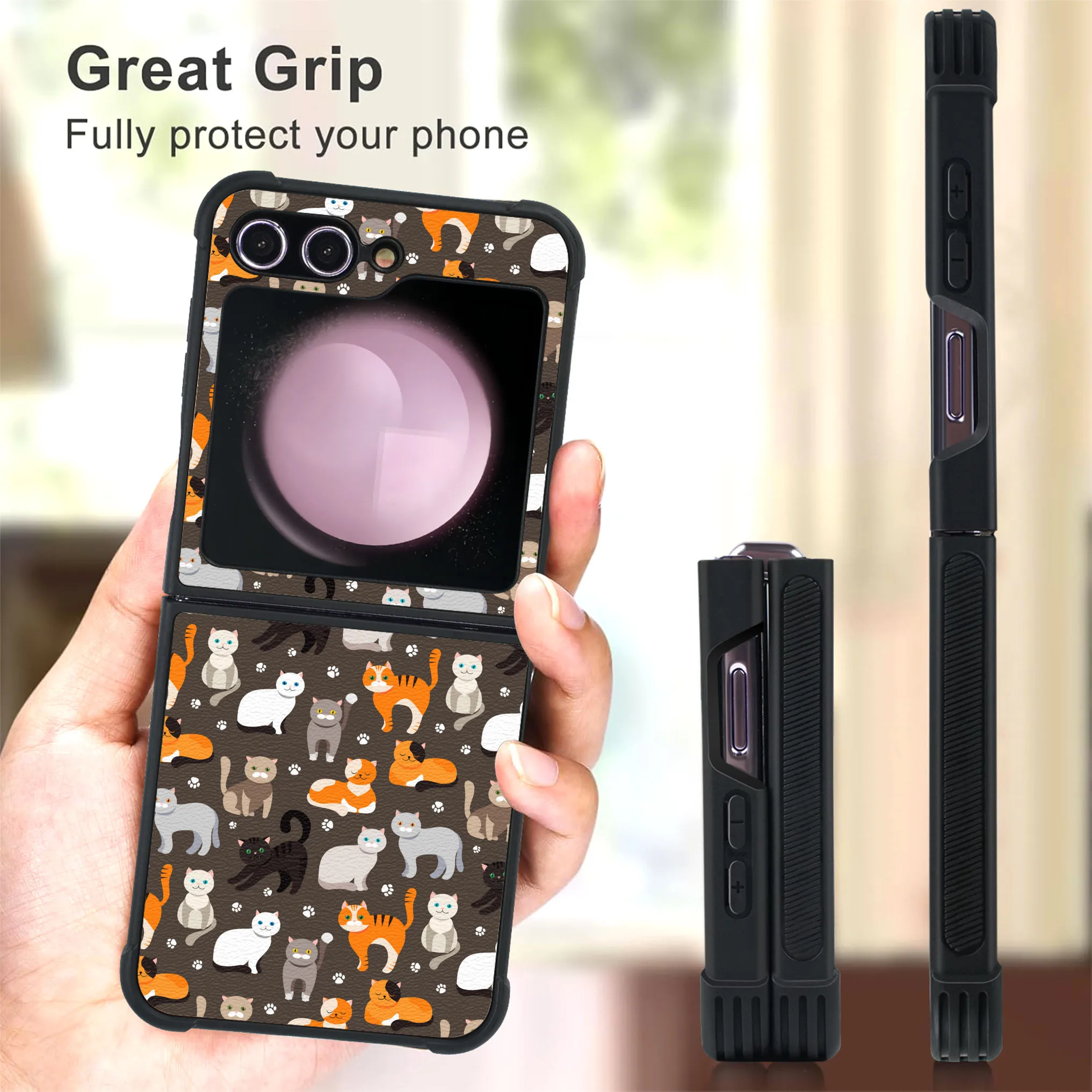 Sarung pelindung tahan guncangan Bumper TPU lunak + kulit PU bermotif kompatibel dengan Galaxy Z Flip5 5G ,Adorbale Cat