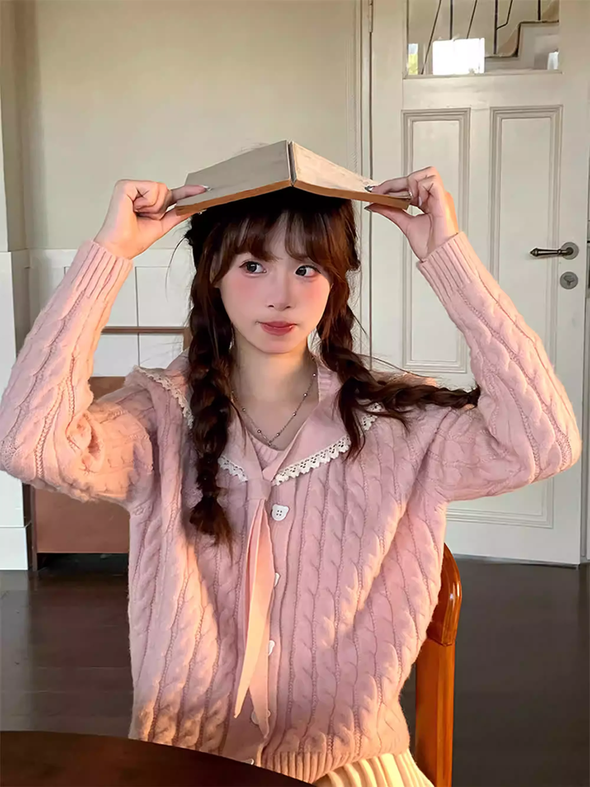 Autunno Inverno Moda Versatile Dolce Colletto Navy Maglione lavorato a maglia a maniche lunghe rosa Moda Donna Gonna a pieghe a trapezio a vita alta