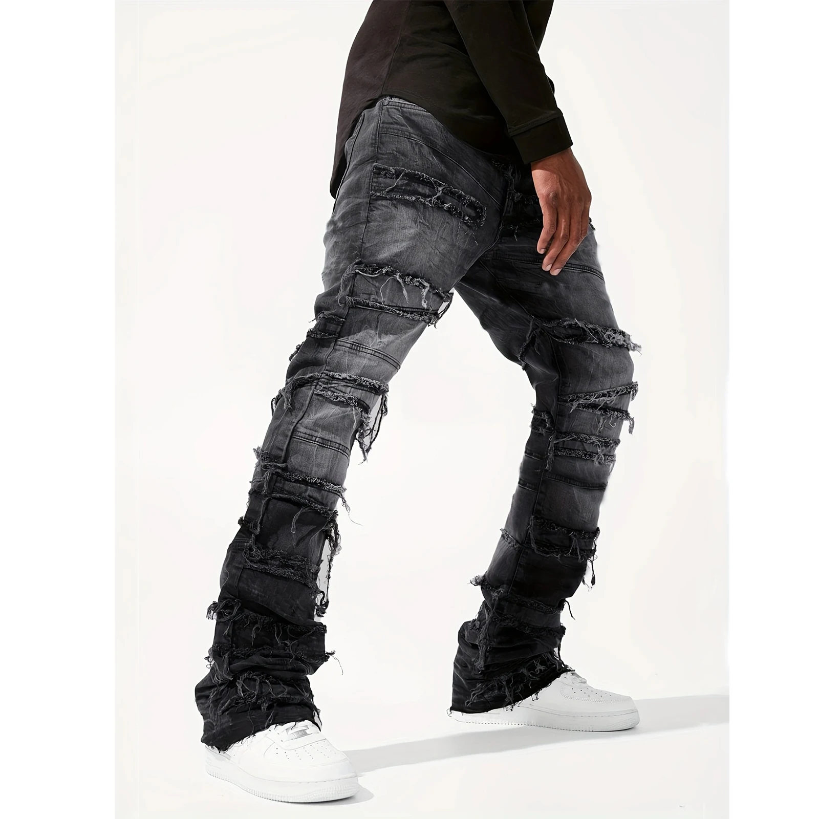 Men's Denim Pull-On Jeans Tiered Raw Trim Pockets Straight Leg Full Length Leisure Trousers Fashion Streetwear