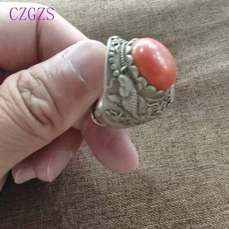 Retro Ethnic Adjustable Ring for Men Women Relief Koi Pattern Oval Red Imitation Coral Stone Tribal Style Finger Accessory Gift