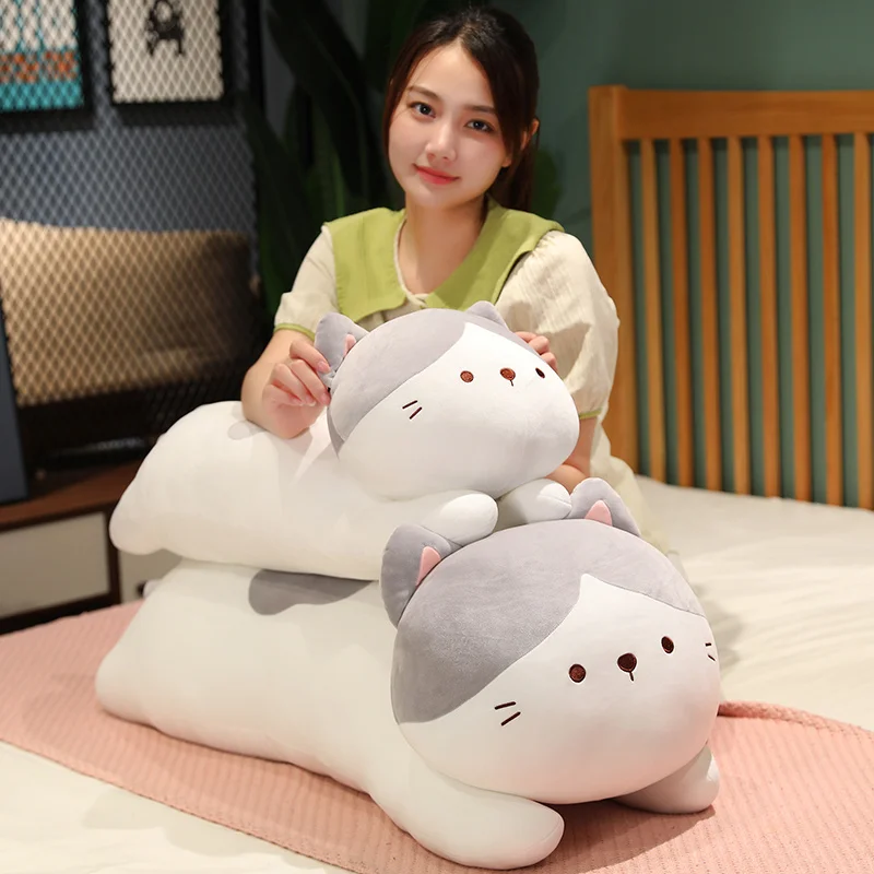 50/70/90CM Cute Lying Grey Cat Plush Pillow Cushion Stuffed Soft Cat Dolls Sleeping Pillow Comforting Toys for Kids Girls Gift