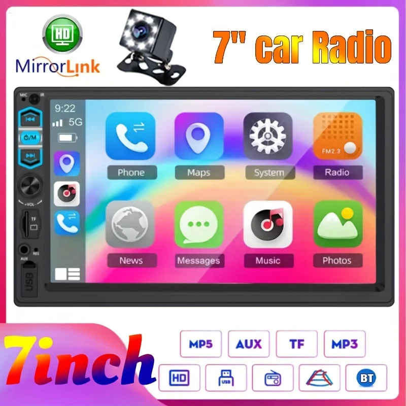 

Автомобильная стереосистема с 7-дюймовым сенсорным экраном и 8-светодиодной резервной камерой, функциями FM/USB/AUX SD, проводное соединение для входных устройств AUX