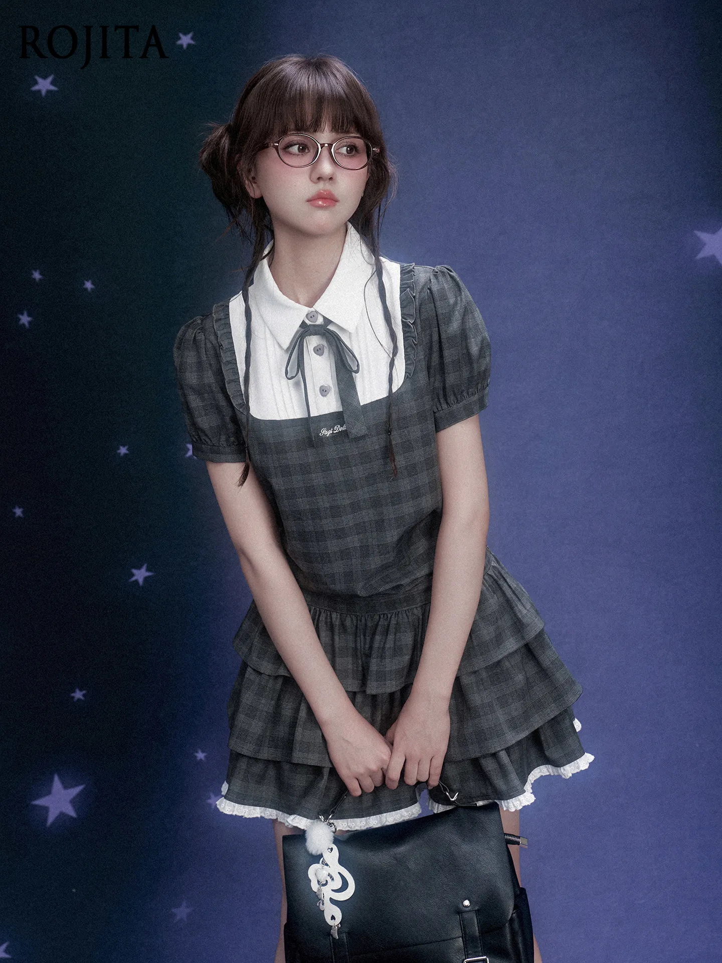 

Grey Plaid Japanese School Style Dress Sweet Girl Puff Sleeve Contrast Collar Tiered Ruffle Mini Dress with Bow