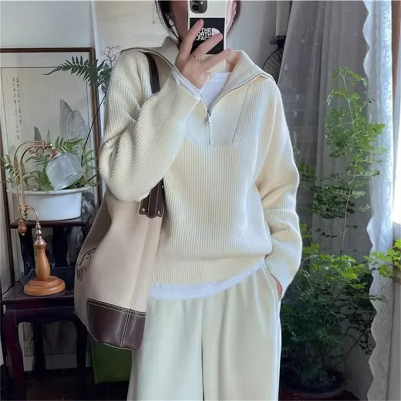 Women Turn Down Collar Sweaters Half Zipper Splice Casual Pullovers Thick Loose Solid Full Sleeve Jumpers Elegant Lady Autumn