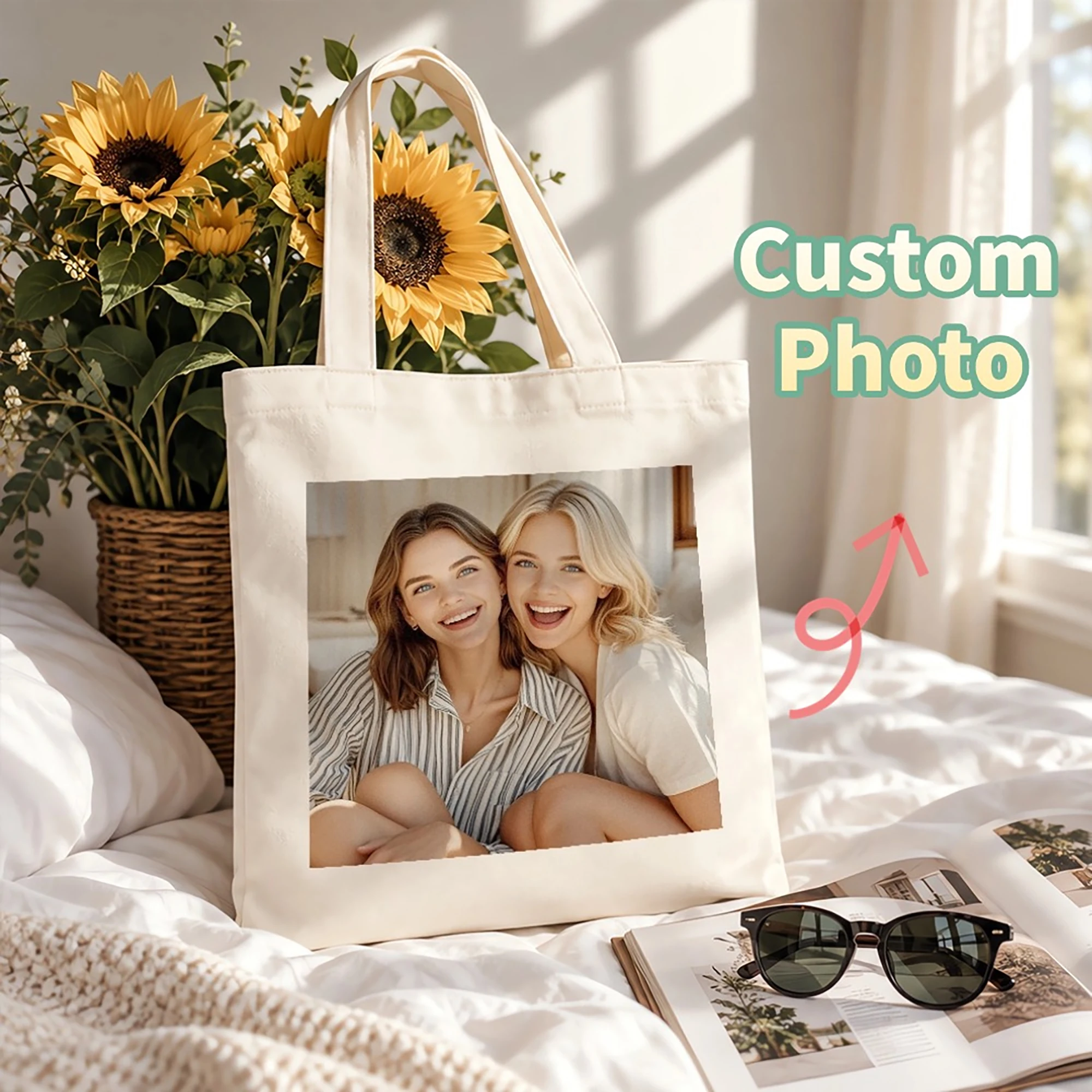 1pc Custom Photo Canvas Tote Bag Personalised Picture Gift for Best Friend Girlfriend Family Reusable Large Capacity Handbag