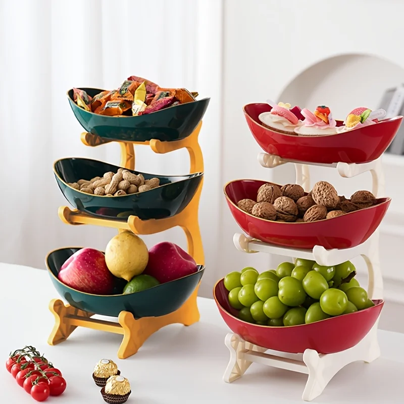 Cesta de frutas colorida de três andares, suporte para bolo de sobremesa, tigelas de plástico para frutas, mini suporte para cupcakes, bandeja para biscoitos e conjunto de buffet de doces