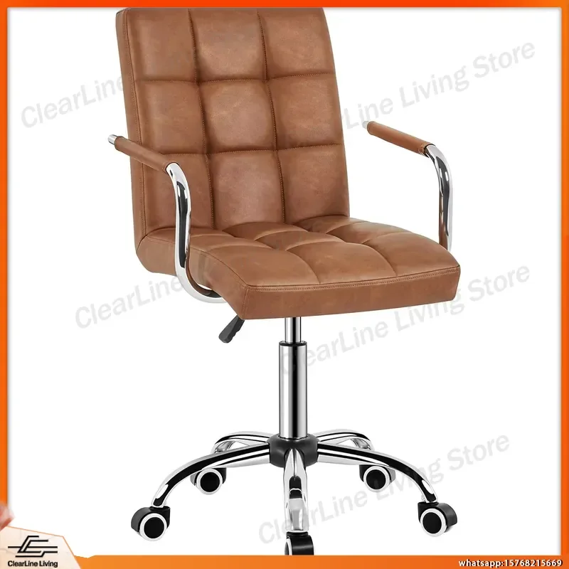 Adjustable Mid-Back Office Chair with Armrests PU Leather Swivel Seat Retro Brown Ergonomic Task Chair for Home Office