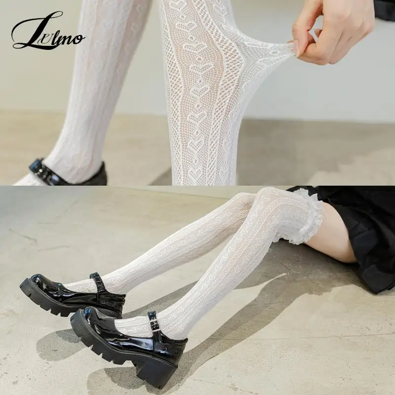 Black And White Lace Lolita High Tube Thigh Knee Socks Female Cute Long Tube Love Lace Japanese College Style Stocking