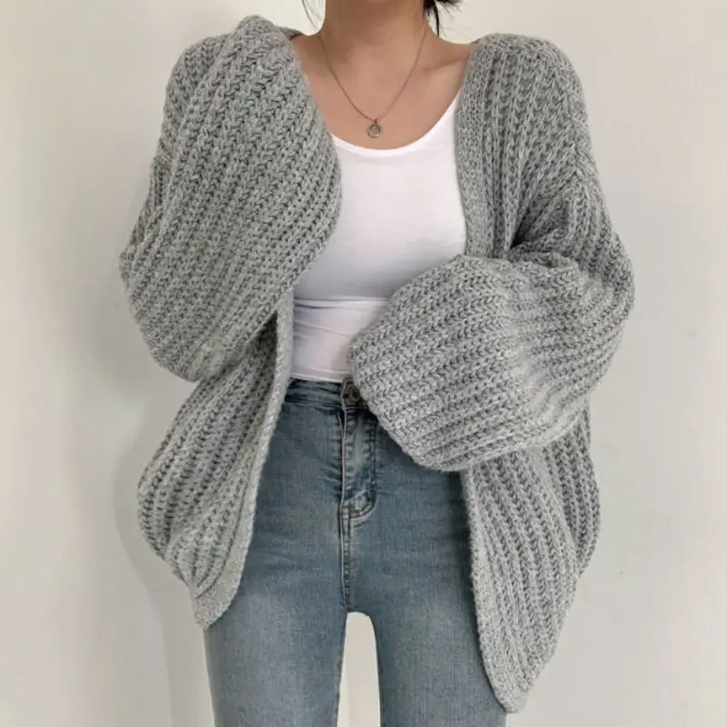 

Autumn Winter Korean Lantern Sleeve Loose Knit Cardigan Vintage Lazy Style Women's Sweater Coat New
