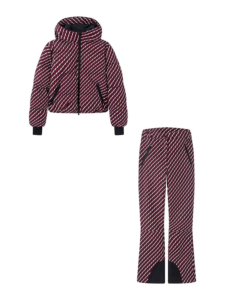 

Женский модный теплый комплект: полосатая куртка на молнии с капюшоном и длинными рукавами для катания на лыжах, утепленная хлопком + повседневные брюки с высокой талией и карманами