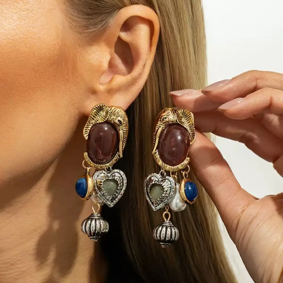 Zvoijio Retro Imitation Pearl Round Geometric Tassel Pendant Earrings