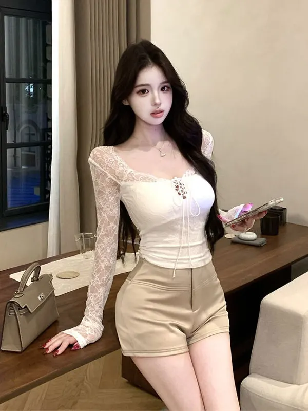 

Pure Desire Sexy Lace Shirt Slim Fit Waist Cinched Beautiful Girl Spring New Style Fashionable Short Sleeve Women's Top