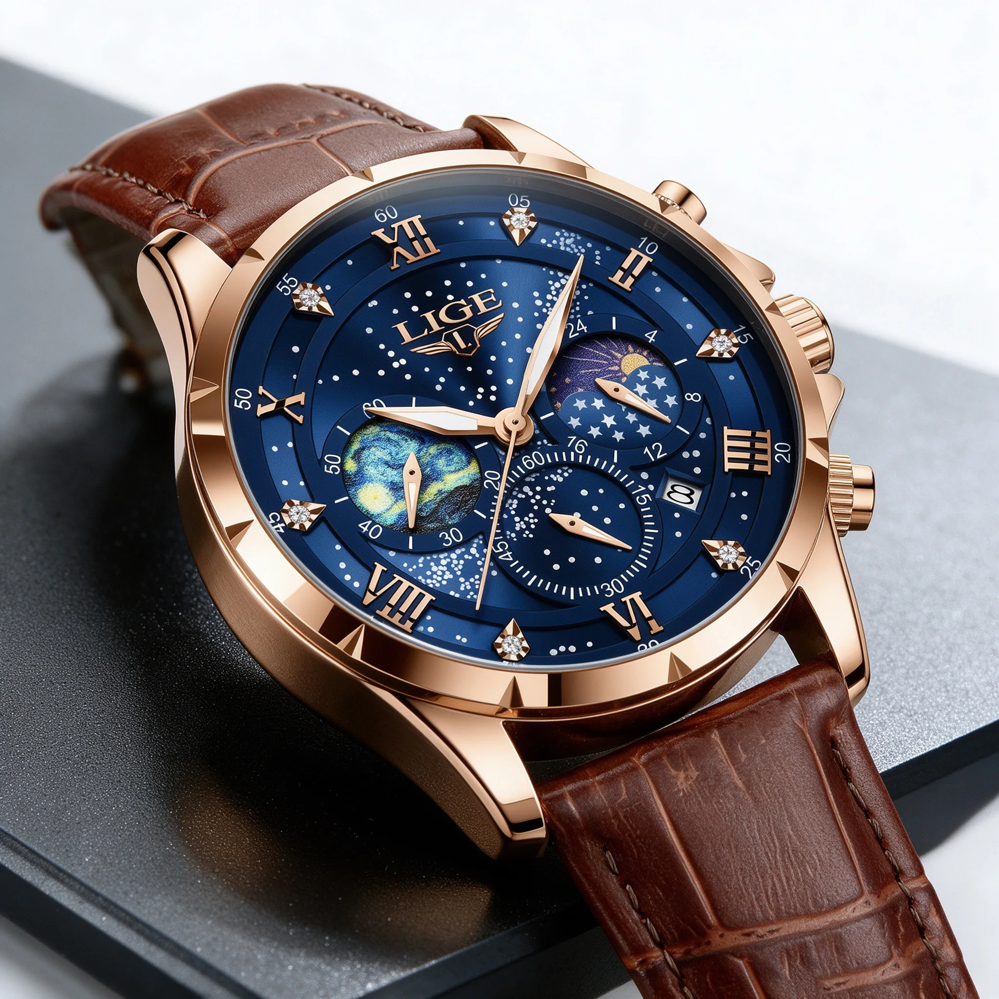 LIGE Men Watch Super Luminous Moon Phase Quartz Man Wristwatch Business Leather Watches Mens Date Creative Starry Night Dial Clock