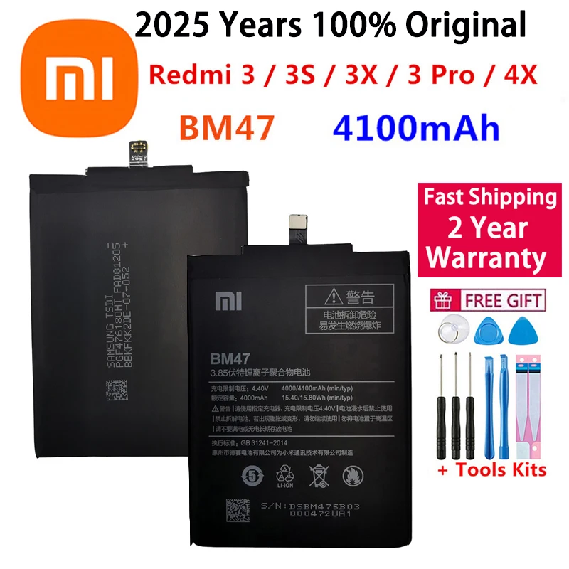

2025 New 100% Original BM47 Full Capacity 4100mAh Battery For Xiaomi Redmi 3 3S 3X Xiao mi Hongmi Redmi 4x Replacement Batteries