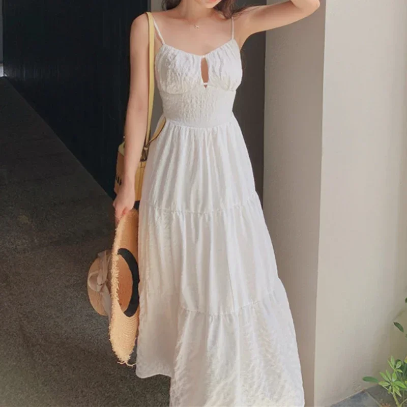 Yellow Dress for Women Vintage Summer Beach Sleeveless Elegance Bodycon Dresses Spaghetti Backless White Vestido Luxury