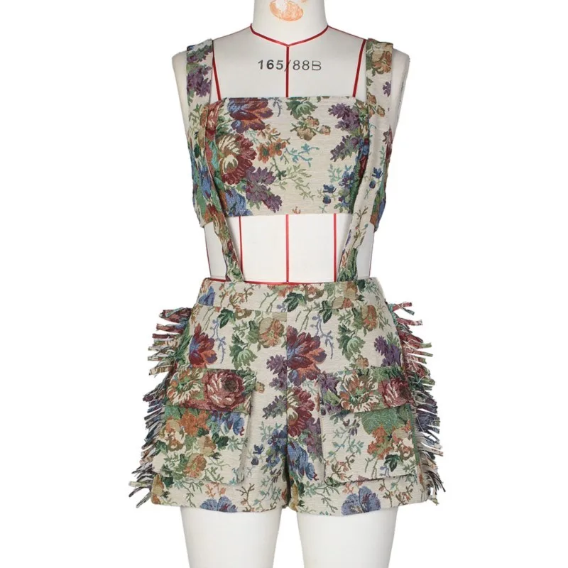 

2025 Новый женский комплект из 2 предметов в стиле ретро с цветочным принтом во французском стиле, шорты-комбинезон без косточек с кисточками и уличным дизайном для вечеринок и повседневных вечеринок