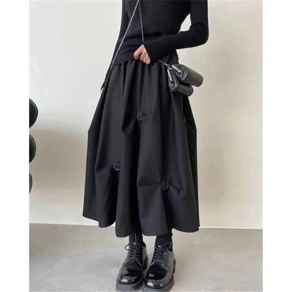 3d Flower Irregular Pleated Skirt Gothic Summer Y2k Women Black A-Line Skirt Preppy Harajuku High Waist Midi Skirts Streetwear