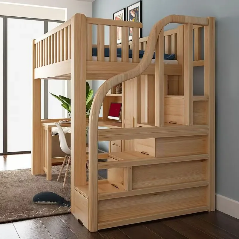 Solid Wood Loft Bed with Desk Multifunctional Semi High Bunk Bed Upper Sleeping Area Lower Study Table for Adults Space