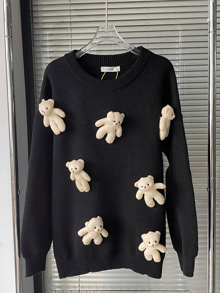 Preppy Style T-Shirts Women Christmas 3D Bear Cartoon Kawaii Long Sleeve Crochet Top Y2K Oversized Knitted Tees 2000s Aesthetic