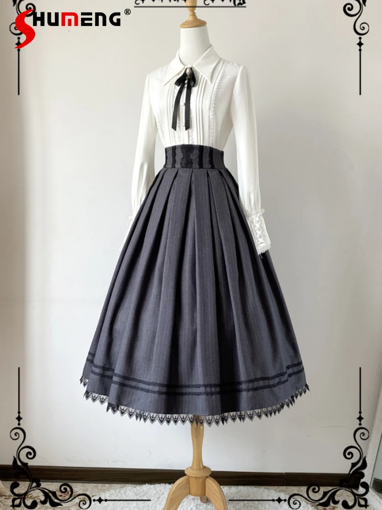 

Japanese Style Simple Elegant Retro Lolita SK Lace Stitching High Waist A-line Stripes Pleated Long Skirts for Women Summer 2024