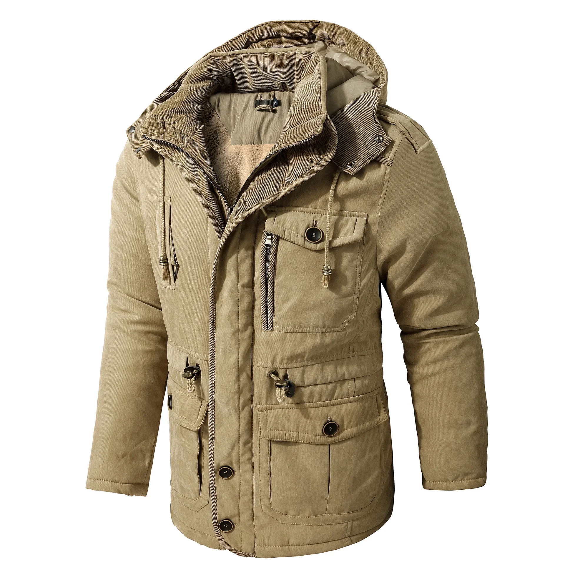 Parka com capuz de lã para homens, jaquetas quentes, casacos grossos, Casaco casual, Casaco acolchoado de algodão, inverno