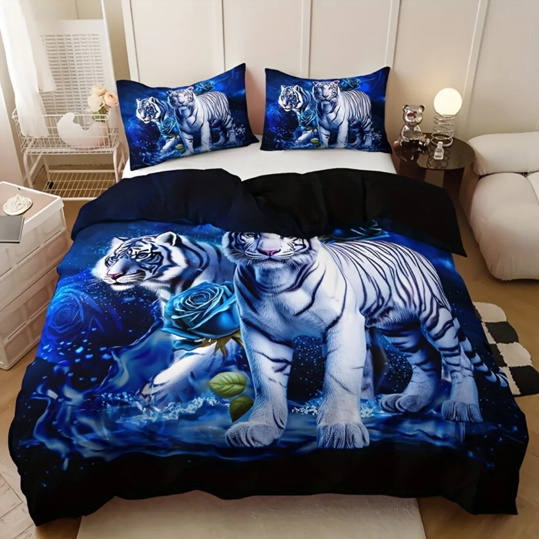 

3pcs Tiger and Blue Rose Print Bedding Set Soft Comfortable Duvet Cover King Queen Twin Single Size Bithday Gift Room Decoration