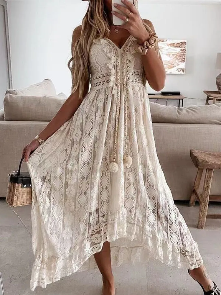 Elegant Lady Summer Lace Dress Holiday  V Neck Spaghetti Strap Sundress Boho White Maxi Dress for Women Vestidos De Mujer 22194